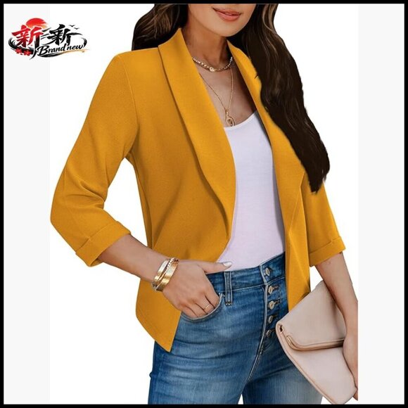 Jackets & Blazers - Lightweight Cropped Blazer 3/4 Sleeve Open Front Polyester Blazer